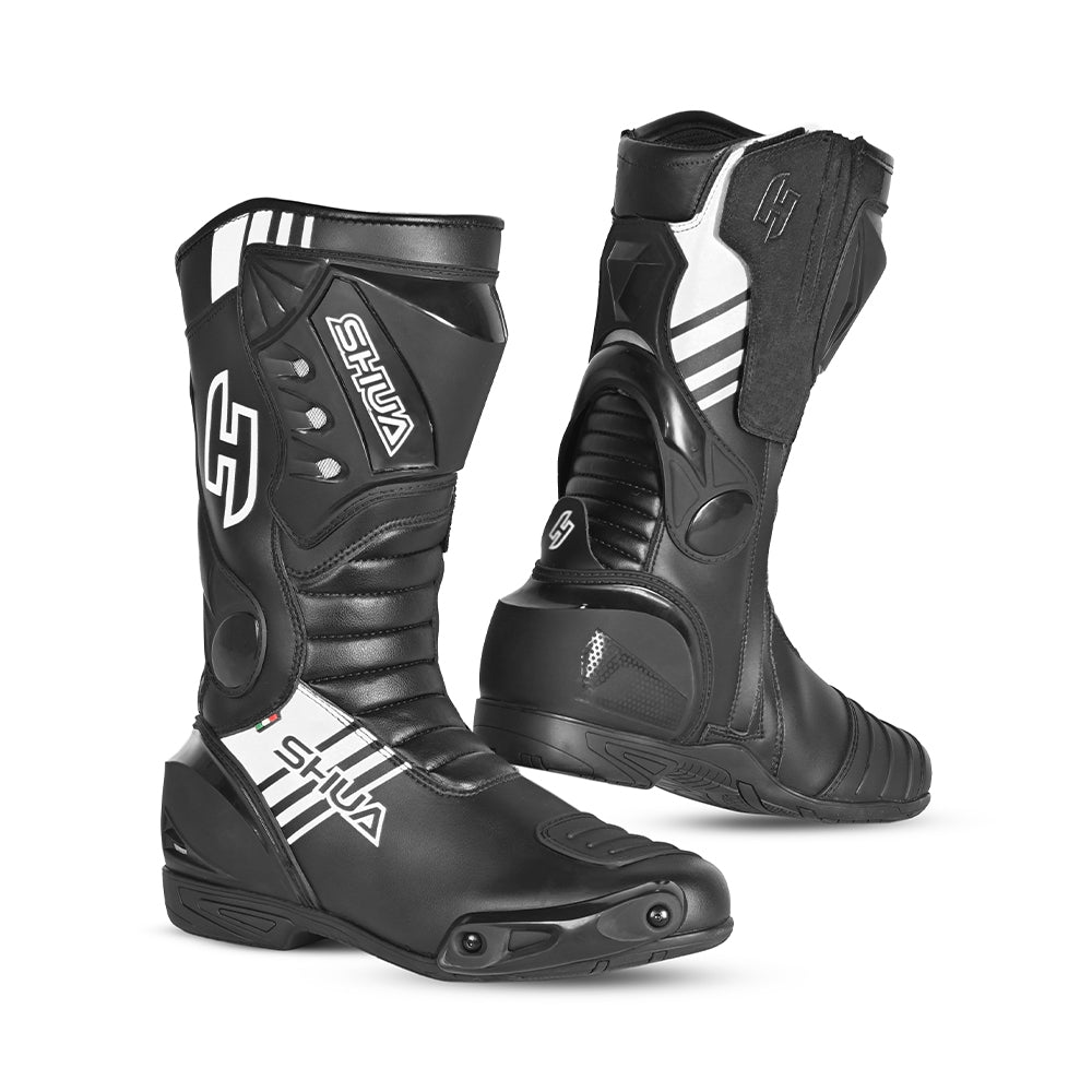 SHUA - SUPER TECH BLACK/WHITE LEATHER BOOTS - SECURTEX MOTOR SL (t/a MaximoMoto)