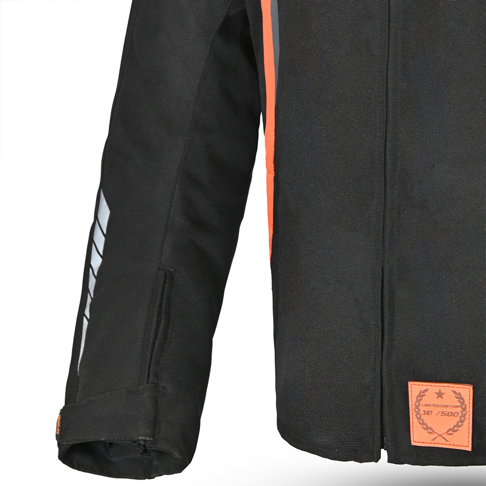 Bela Bradley Textile Motorcycle Jacket Black Orange - arm closeup pic