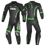 SHUA Infinity 1 PC Motorcycle Racing Leather Suit Black Green Front & Back