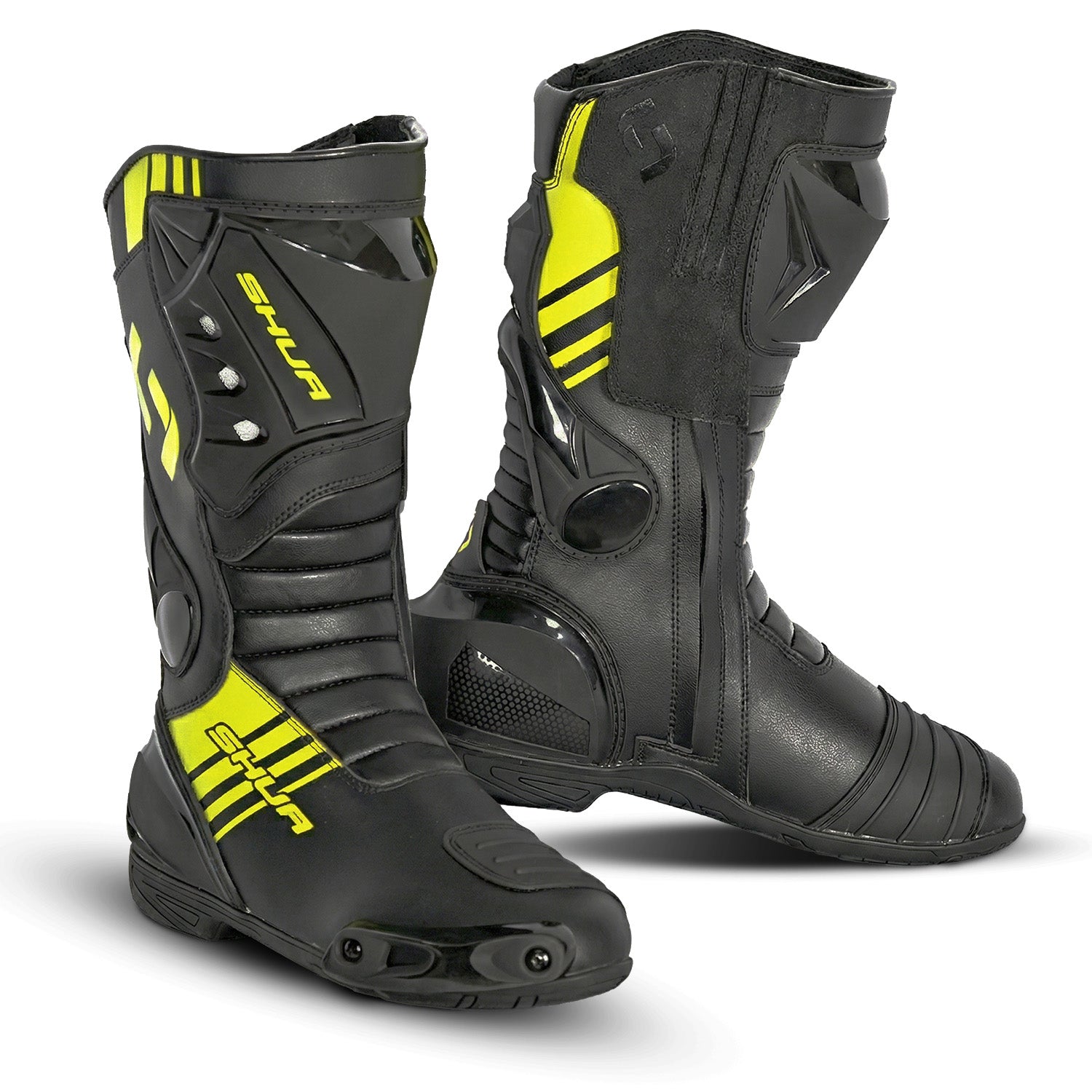 SHUA Super Tech Racing Motorcycle Leather Boots Black Fluor Yellow