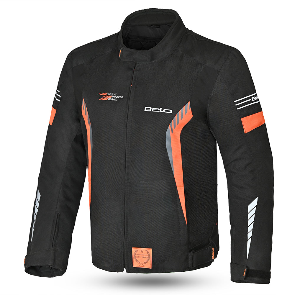 Bela Bradley Textile Motorcycle Jacket Black Orange - front pic