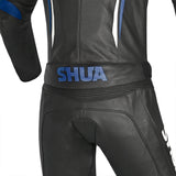 Shua infinity motorcycle leathers black blue back closup