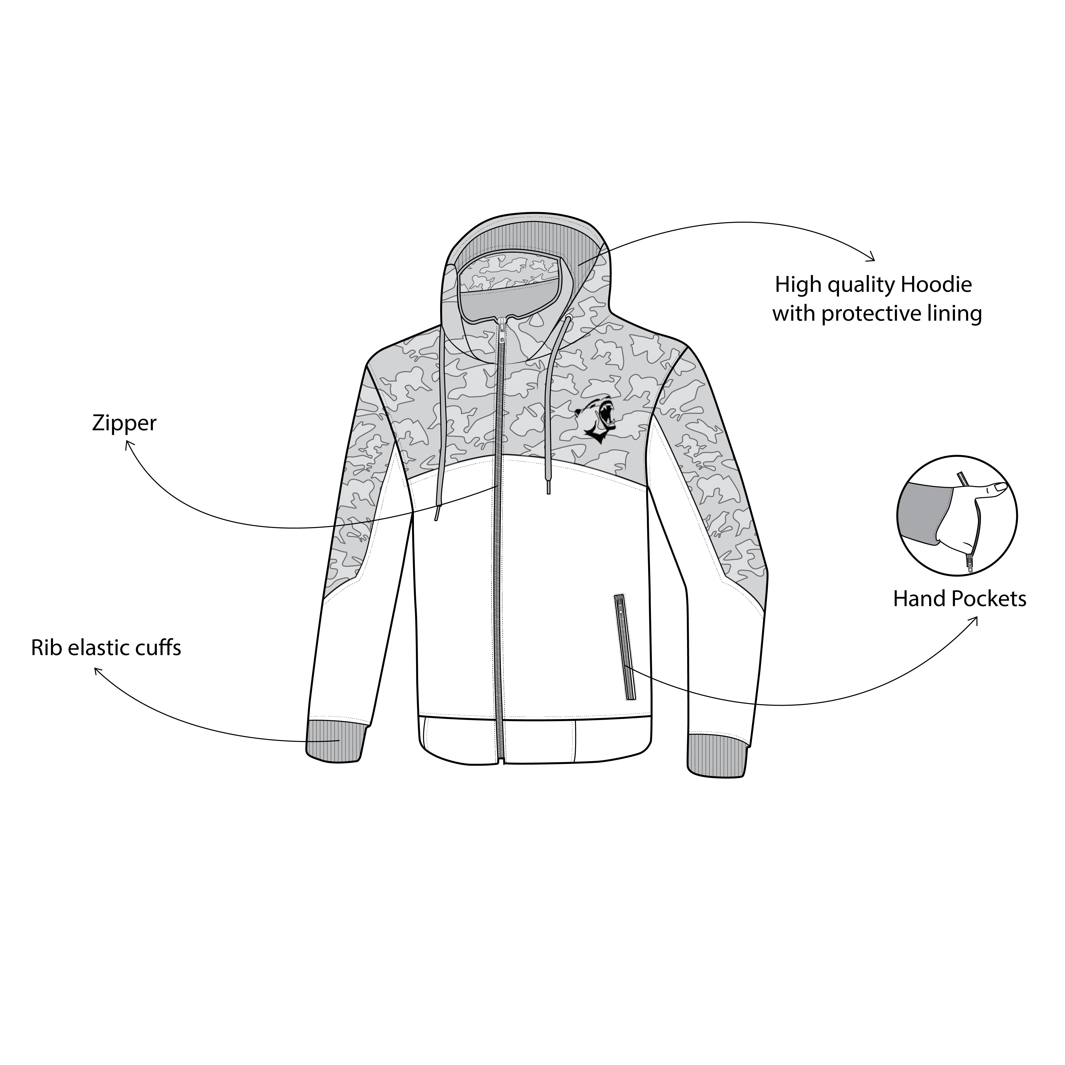 infographic sketch bela camo rush hoodie black, dark and blue front side view