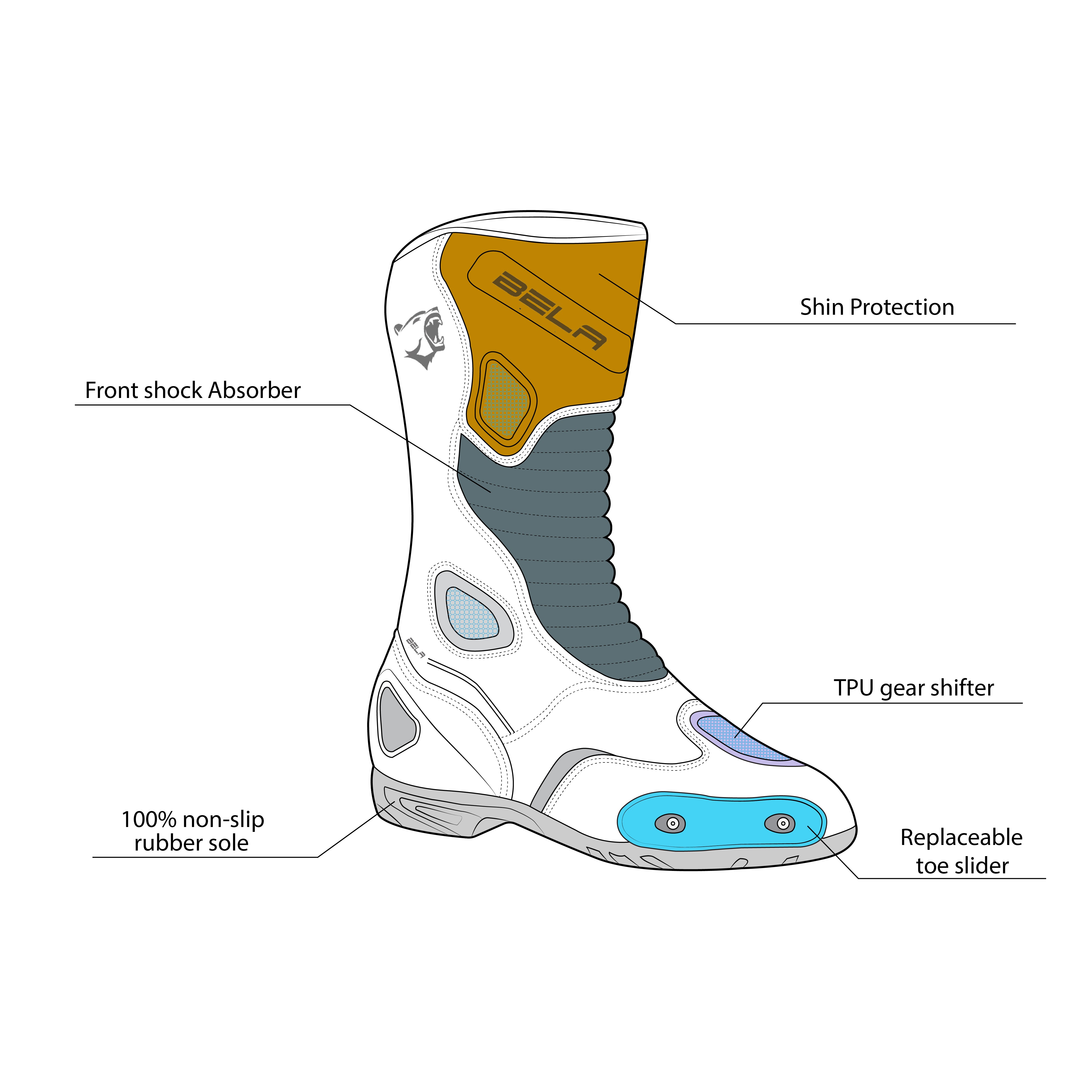 infographic sketch bela micro strip racing boots black and gray front side view