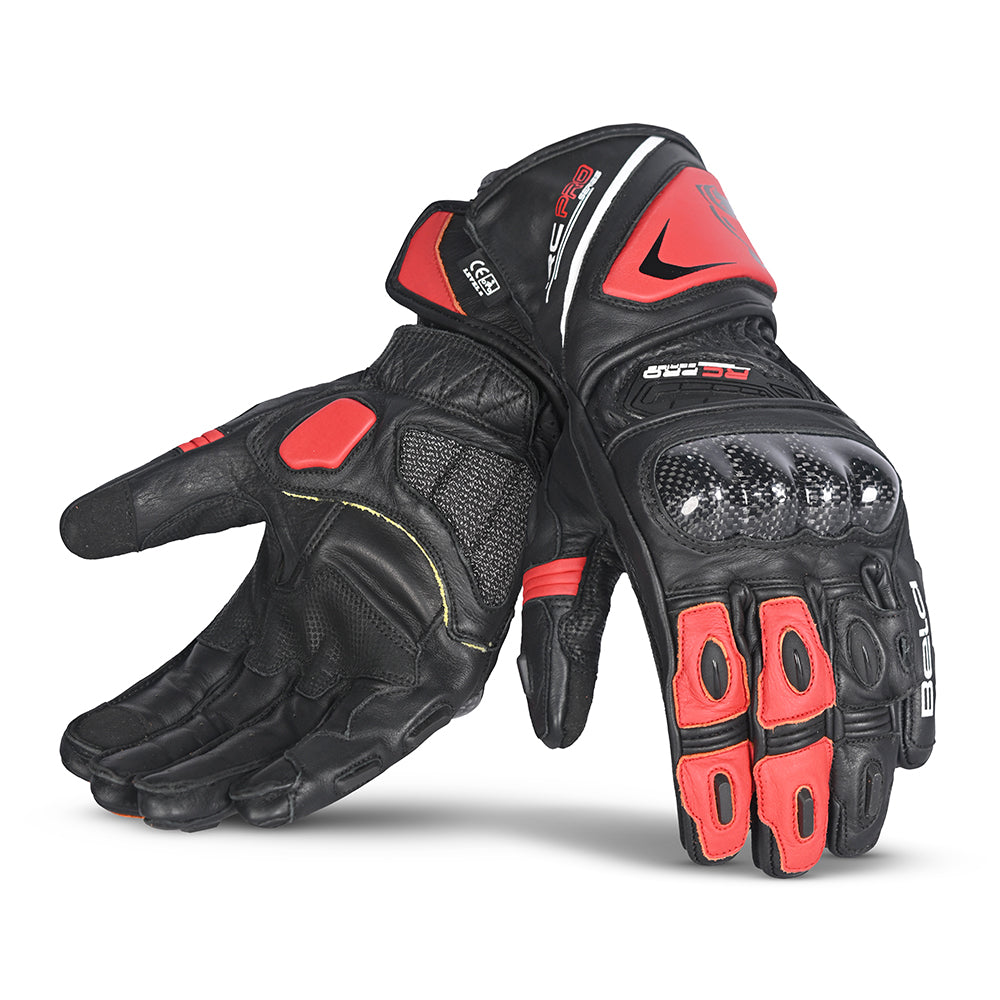 bela rocket long motorbike gloves black red