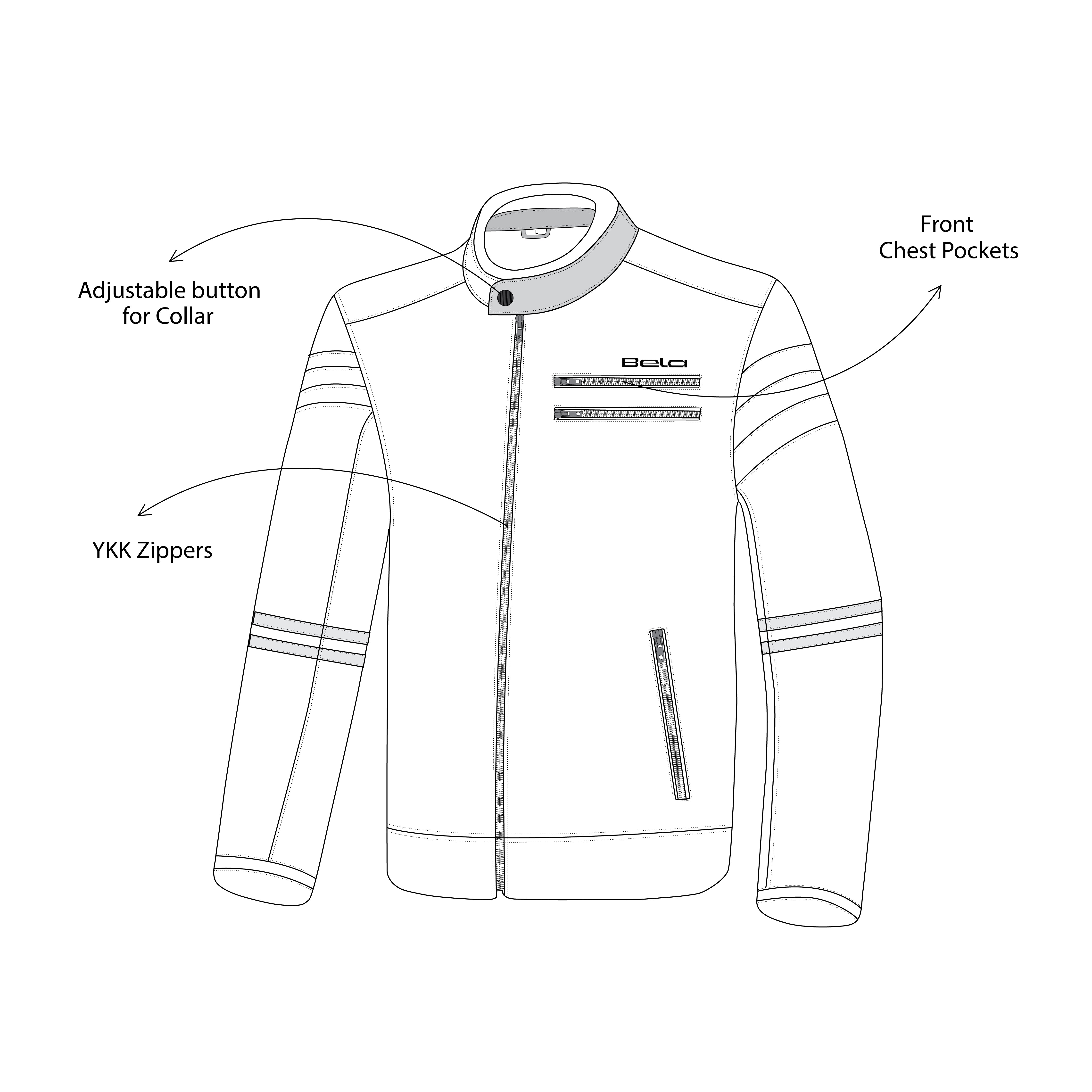 infographic sketch bela royal rider leather motorcycle jacket brown top front side view
