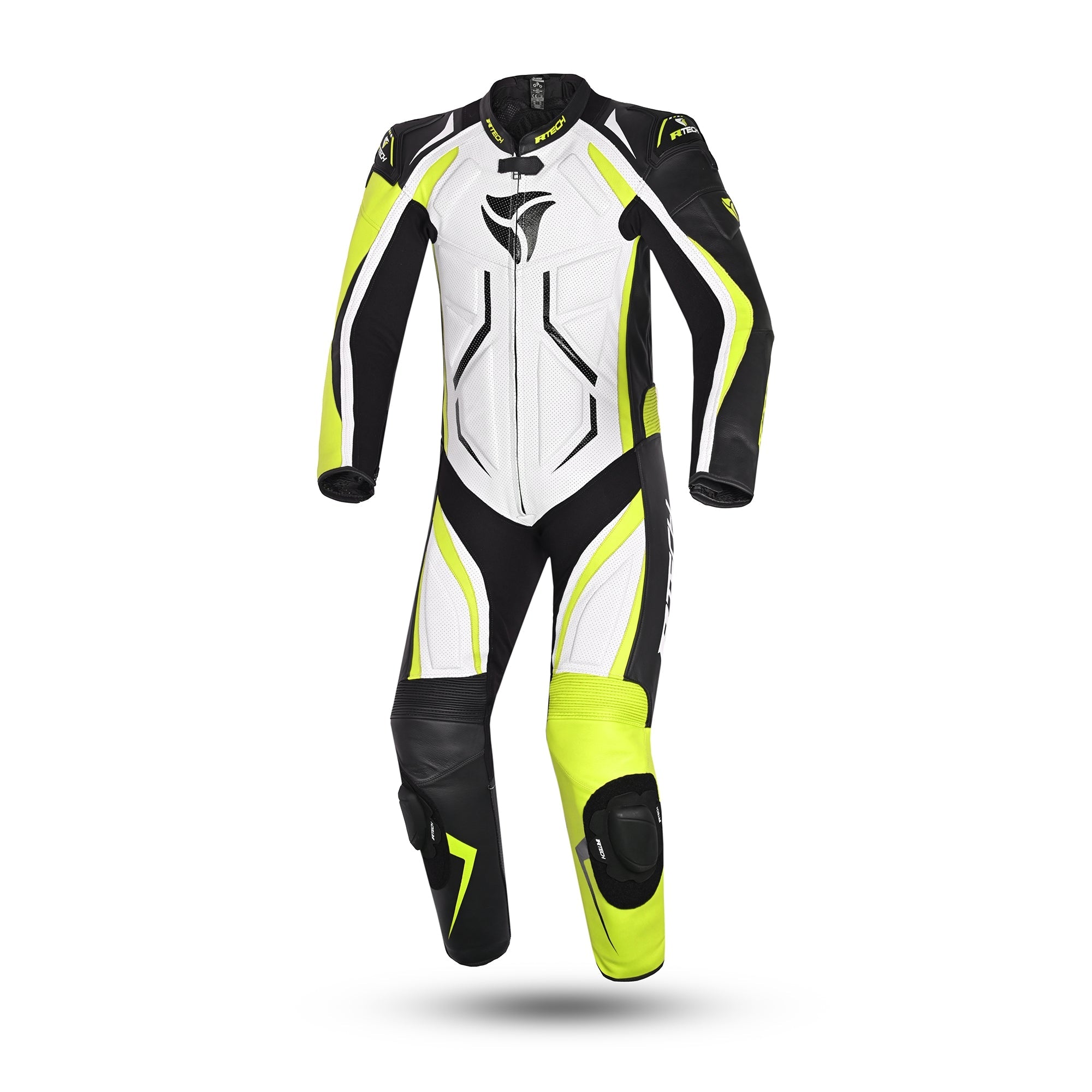 r tech defender gp 1 pc motorbike suit white black fluor yellow