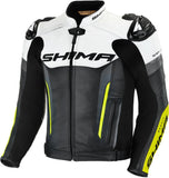 shima bandit urban sports cowhide motorcycle jacket in black, white, and fluorescent yellow