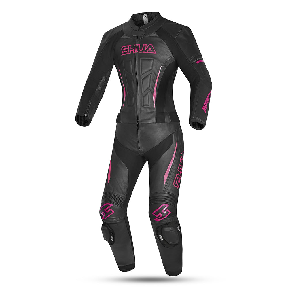 shua infinity ladies motorcycle leathers 2 piece racing suit black fuschia