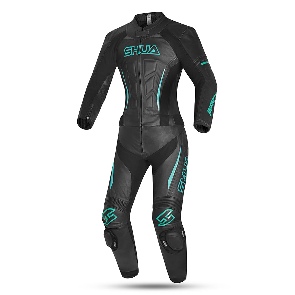 shua infinity lady 2 pc motorcycle racing suit black turquoise