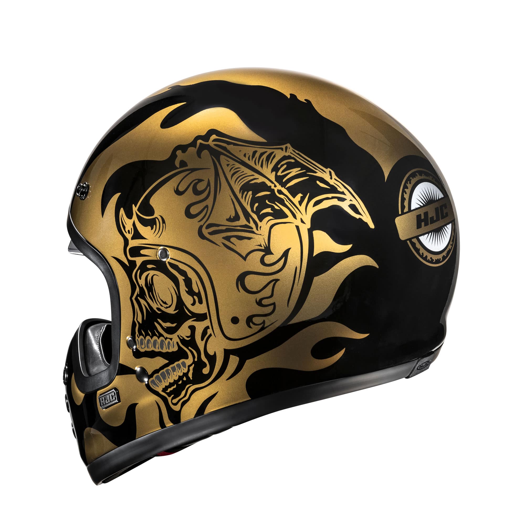 "HJC V60 helmet – gold flame design