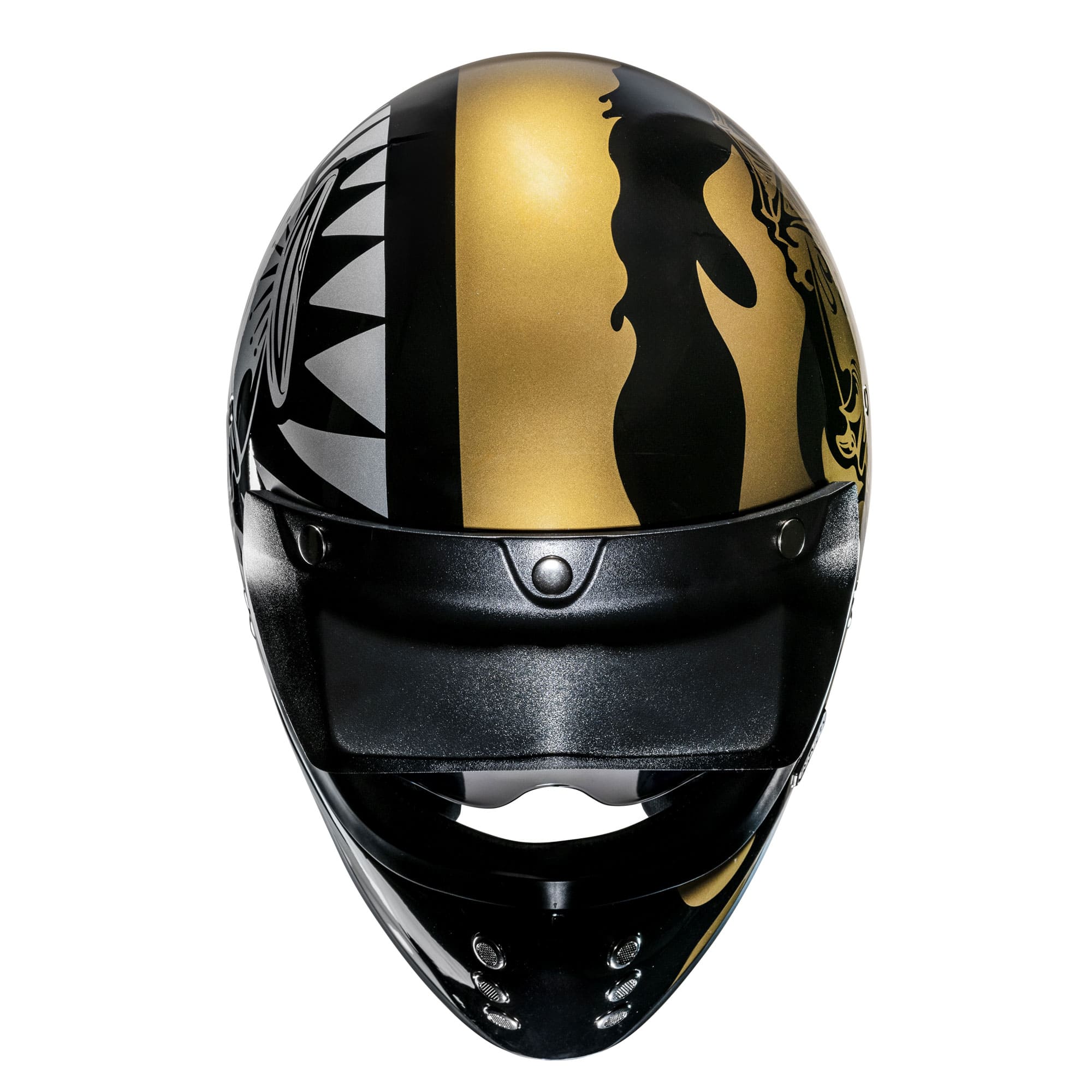 "HJC V60 helmet – gold flame design