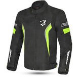 bela bradley textile motorbike riders jacket black, yellow and flouro front side view