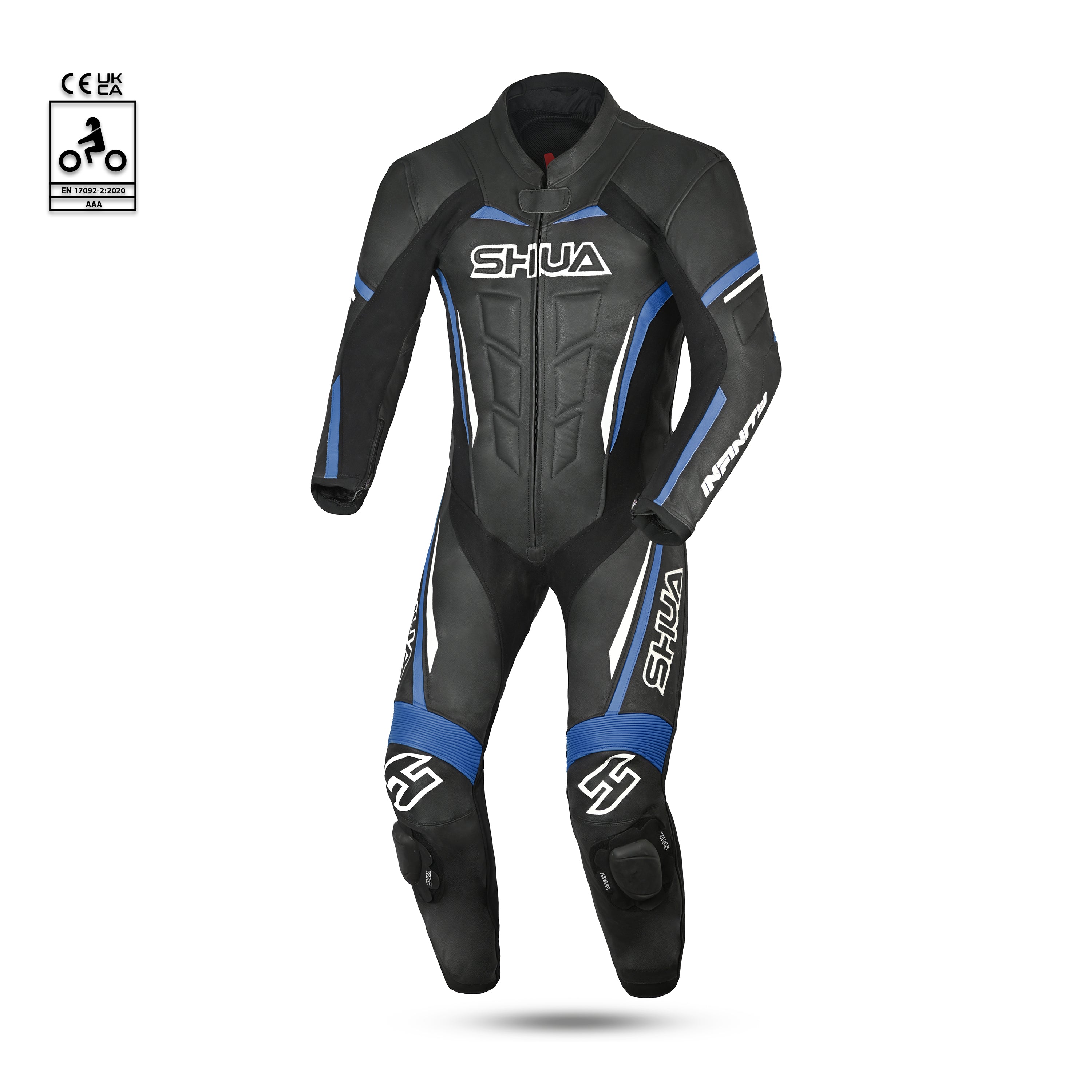 shua infinity 1 pc black and blue racing suit front side view