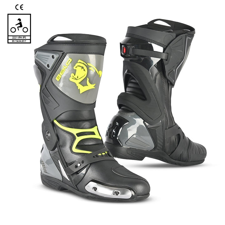 BELA RACE PRO MOTORCYCLE RACING LEATHER BOOTS BLACK GREY YELLOW