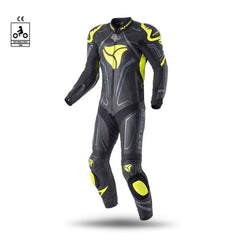 Front view of Get R Tech Rising Star 1PC Motorcycle Racing Leather Suit Black Yellow