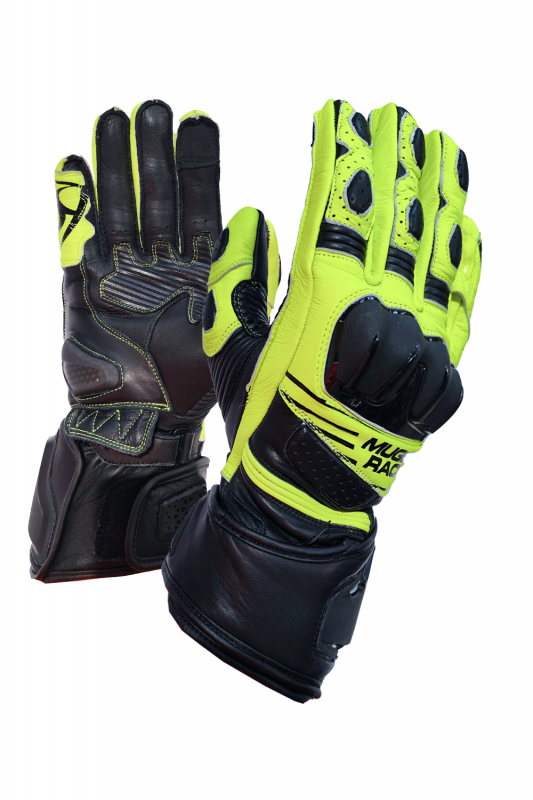 MUGENRACE LINEA SPORT Moto Cuero Guantes Negro Amarillo Fluo