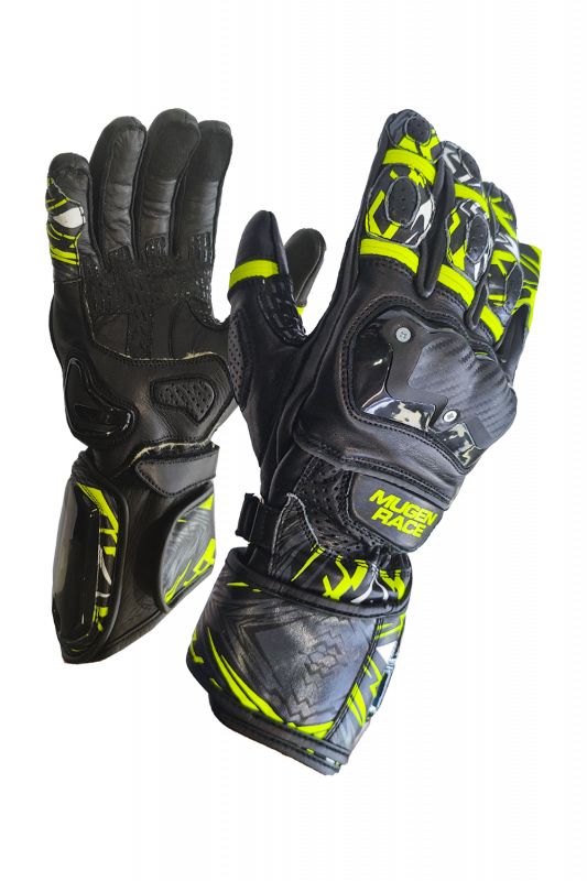 MUGENRACE MOONE SPORT Moto Cuero Guantes Negro Amarillo Fluo