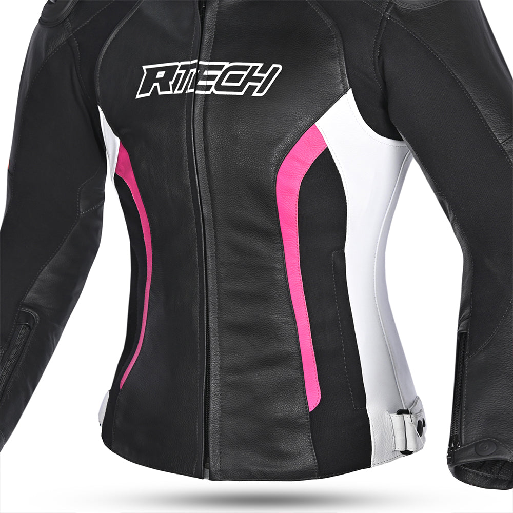R-TECH Tom Rider Lady Leather Jacket Black/White/Fuschia