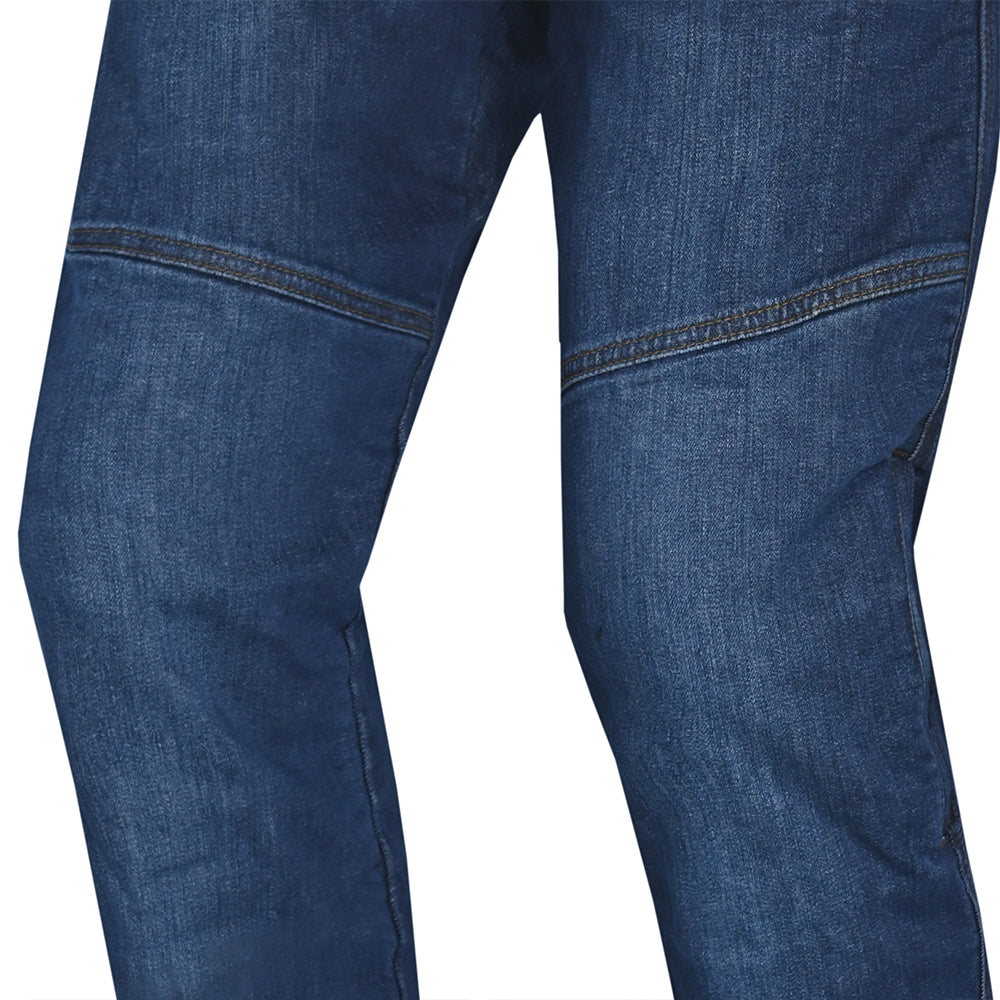 Bela Stroke Motorcyle Denim Blue knees closeup