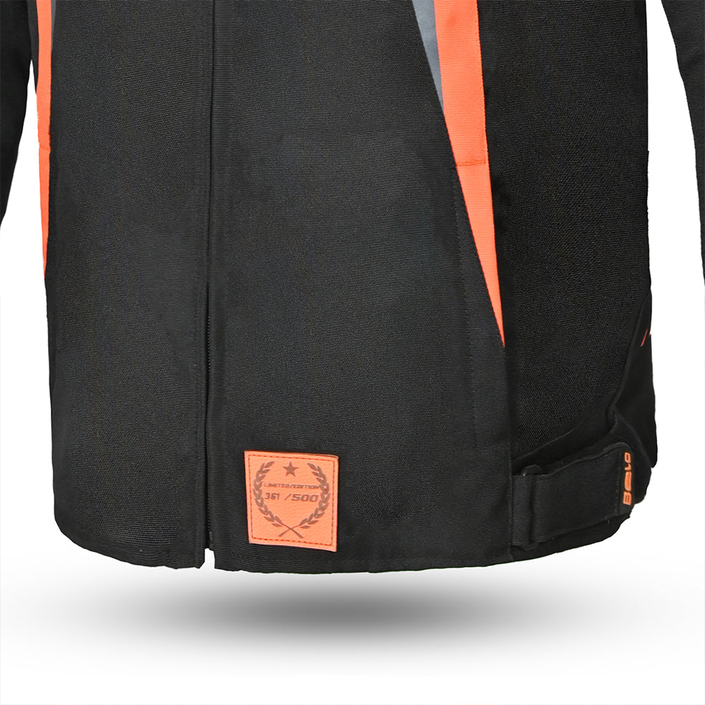 Bela Bradley Textile Motorcycle Jacket Black Orange - side closeup