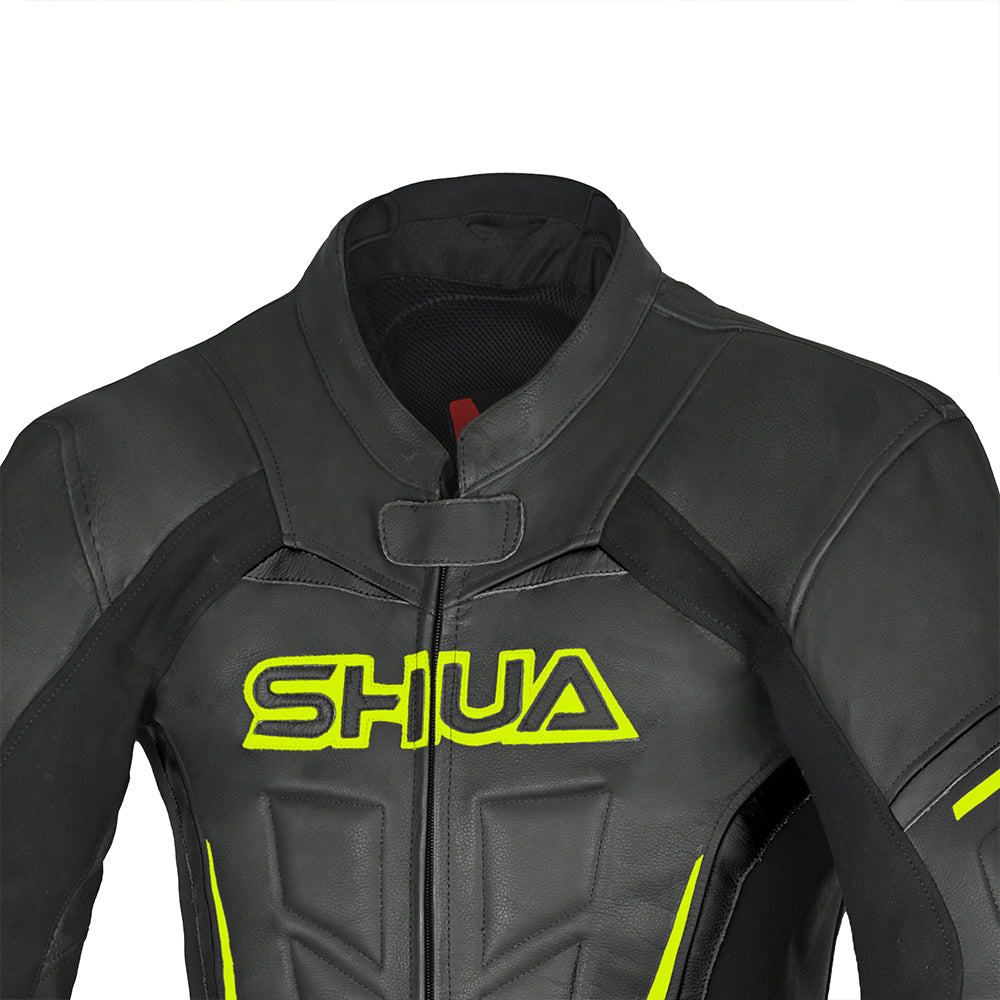 SHUA Infinity 2.0 1 PC Motorcycle Racing Leather Suit Black Yellow Flouro closeup - MaximomotoUK
