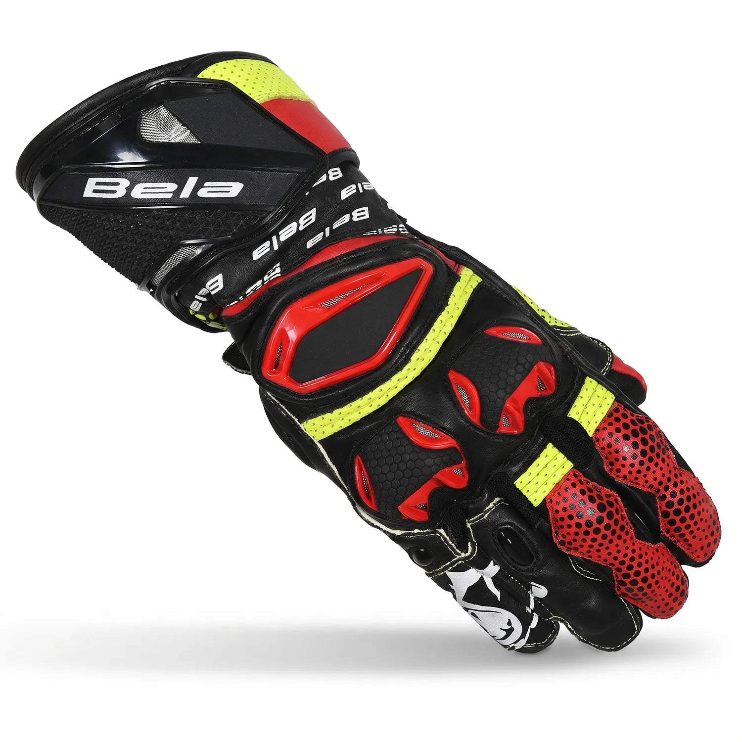 BELA EXTREME MIX KANGAROO MOTORCYCLE LEATHER GLOVES BLACK WHITE YELLOW FLURO
