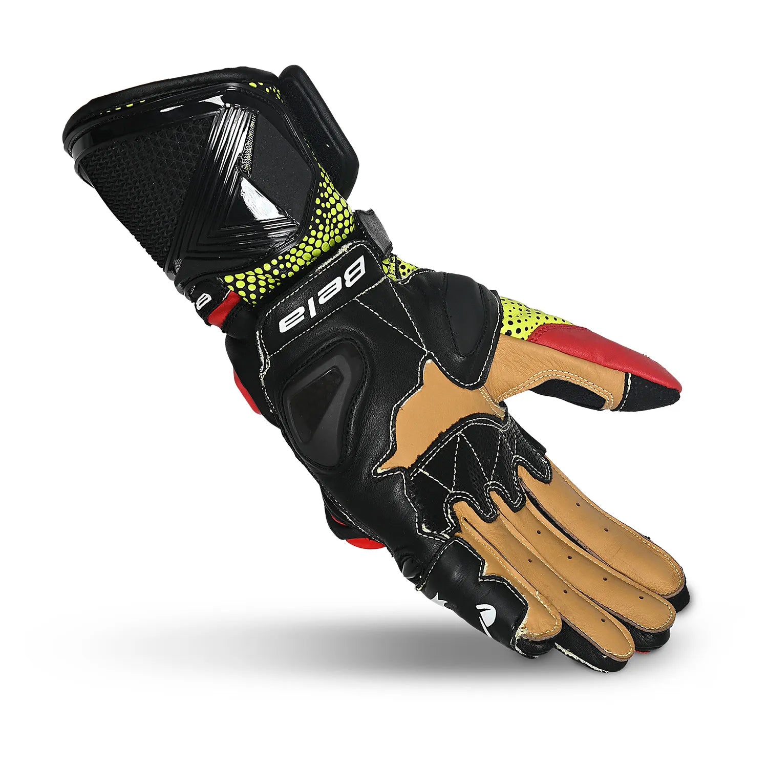 BELA EXTREME MIX KANGAROO MOTORCYCLE LEATHER GLOVES BLACK WHITE YELLOW FLURO