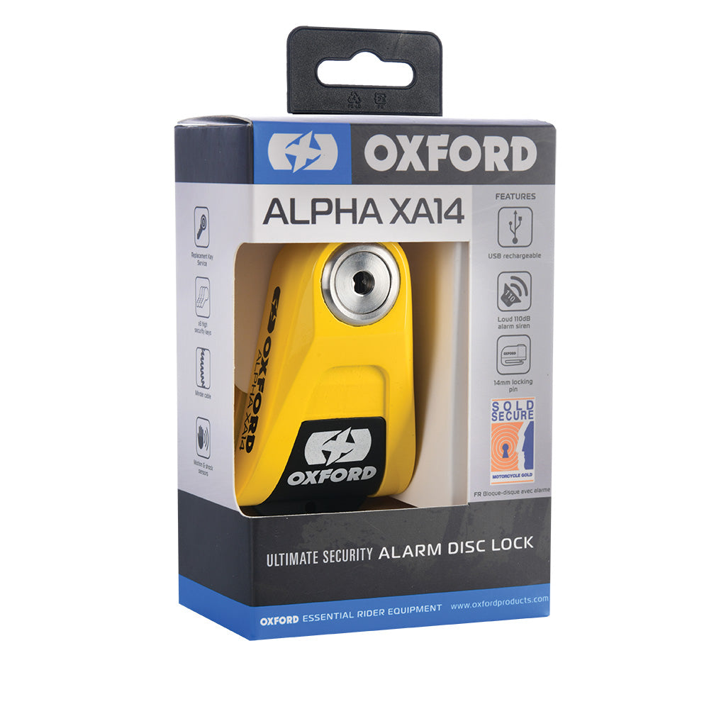 Oxford Alpha XA14 Alarm Disc Lock Yellow Motorcycle & Scooter Security - MaximomotoUK