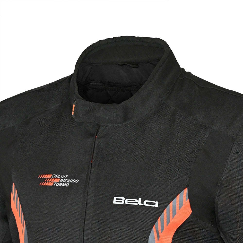 Bela Bradley Textile Motorcycle Jacket Black Orange - collar detail pic