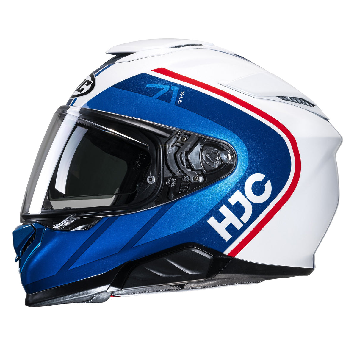 HJC RPHA 71 Mapos MC21 White Red Blue Motorbike on Road Full Face Helmet side view