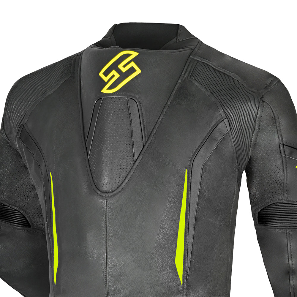 SHUA Infinity 2.0 1 PC Motorcycle Racing Leather Suit Black Yellow Flouro protection - MaximomotoUK