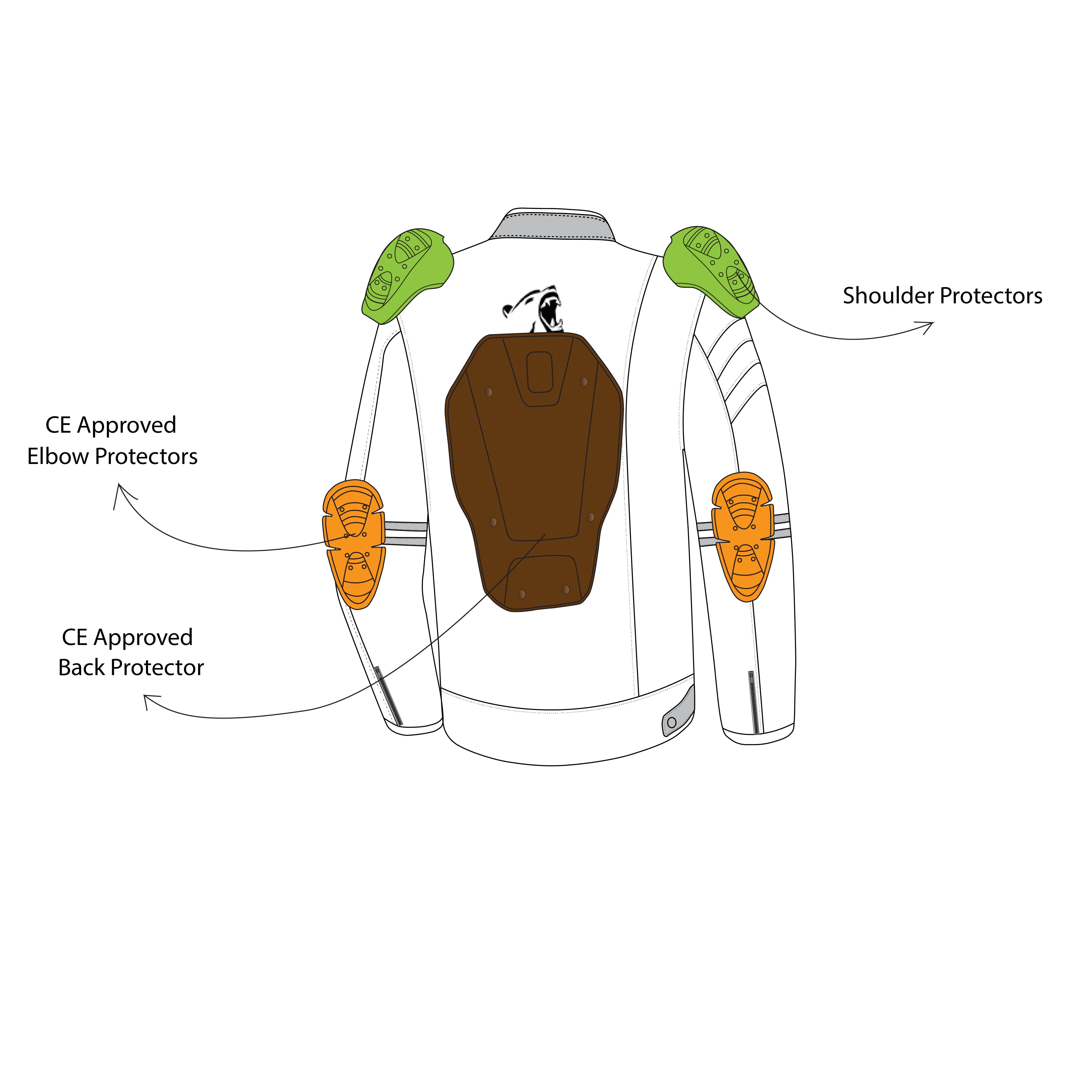 infographic sketch bela royal rider jacket black color riding jacket back side view