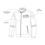 infographic sketch bela royal rider jacket black color riding jacket top front side view