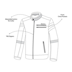 infographic sketch bela royal rider jacket black color riding jacket top front side view