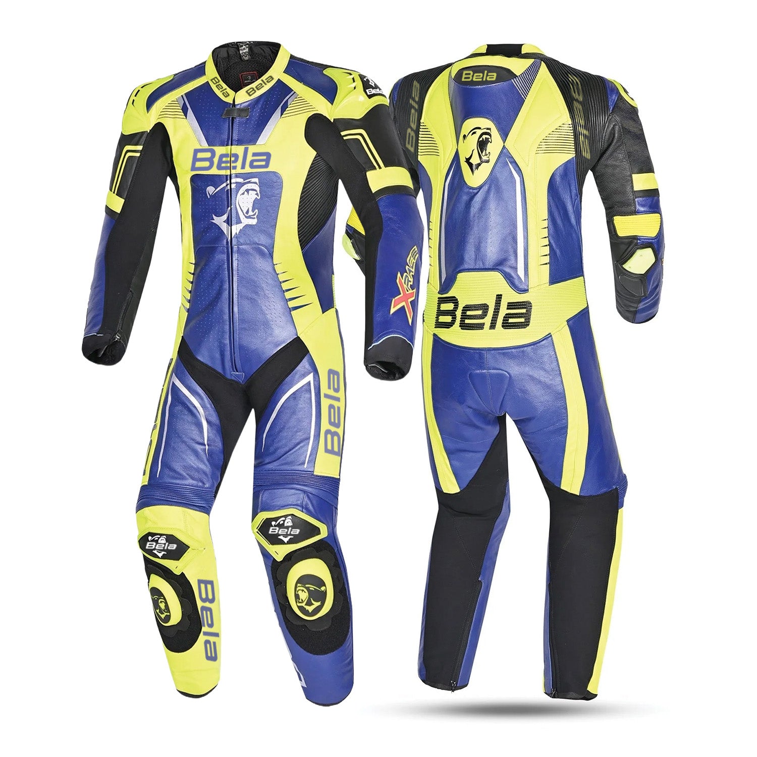 Bela X Race 1 Pc Motorcycle Racing Leather Suit Blue Yellow Black