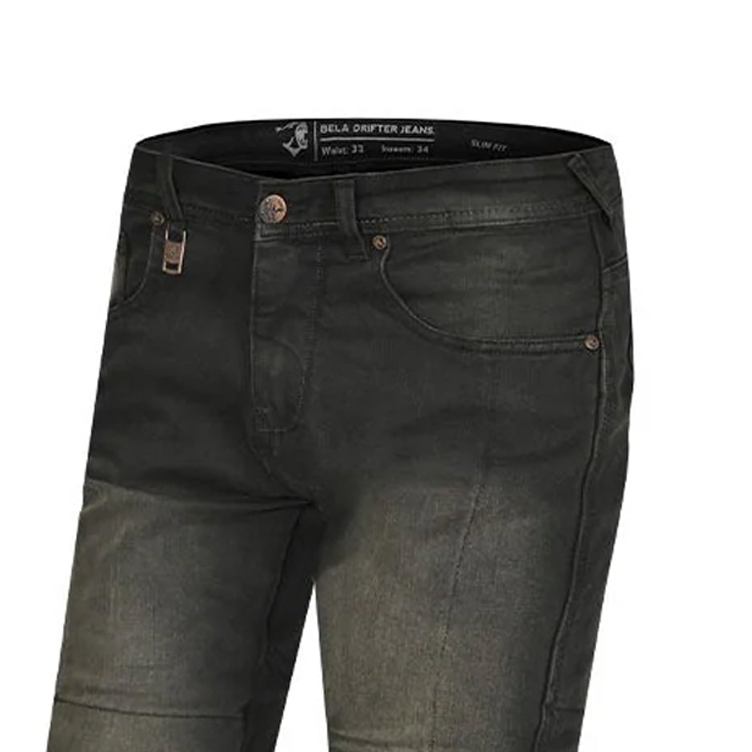 BELA DRIFTER MEN MOTORCYCLE DENIM JEANS 34L KHAKI BLACK