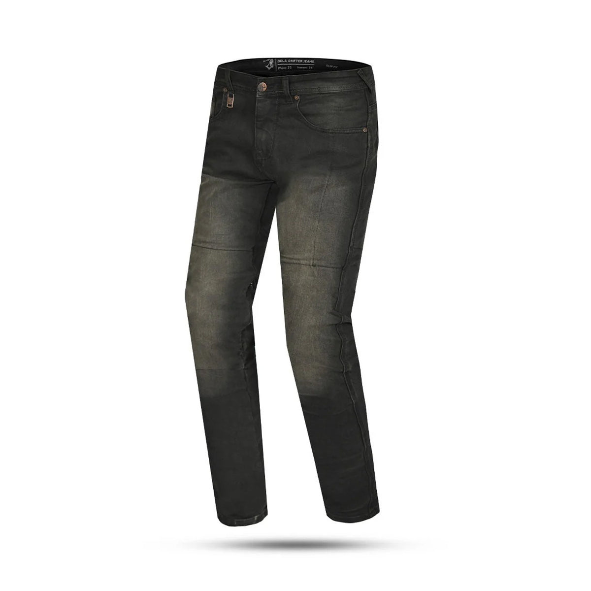 BELA DRIFTER MEN MOTORCYCLE DENIM JEANS 34L KHAKI BLACK