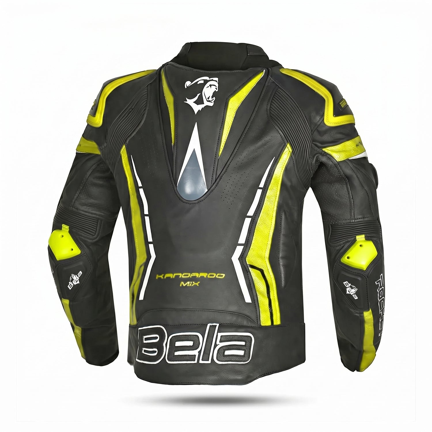 Bela Rocket Man Motorcycle Leather Jacket Black Yellow Fluo