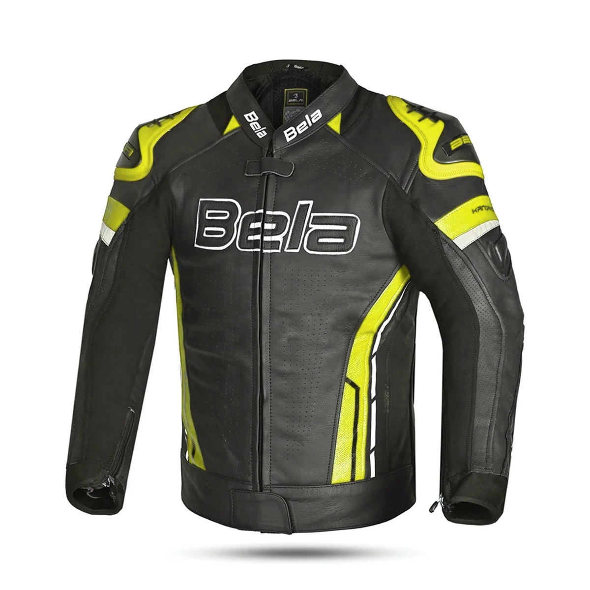 Bela Rocket Man Motorcycle Leather Jacket Black Yellow Fluo