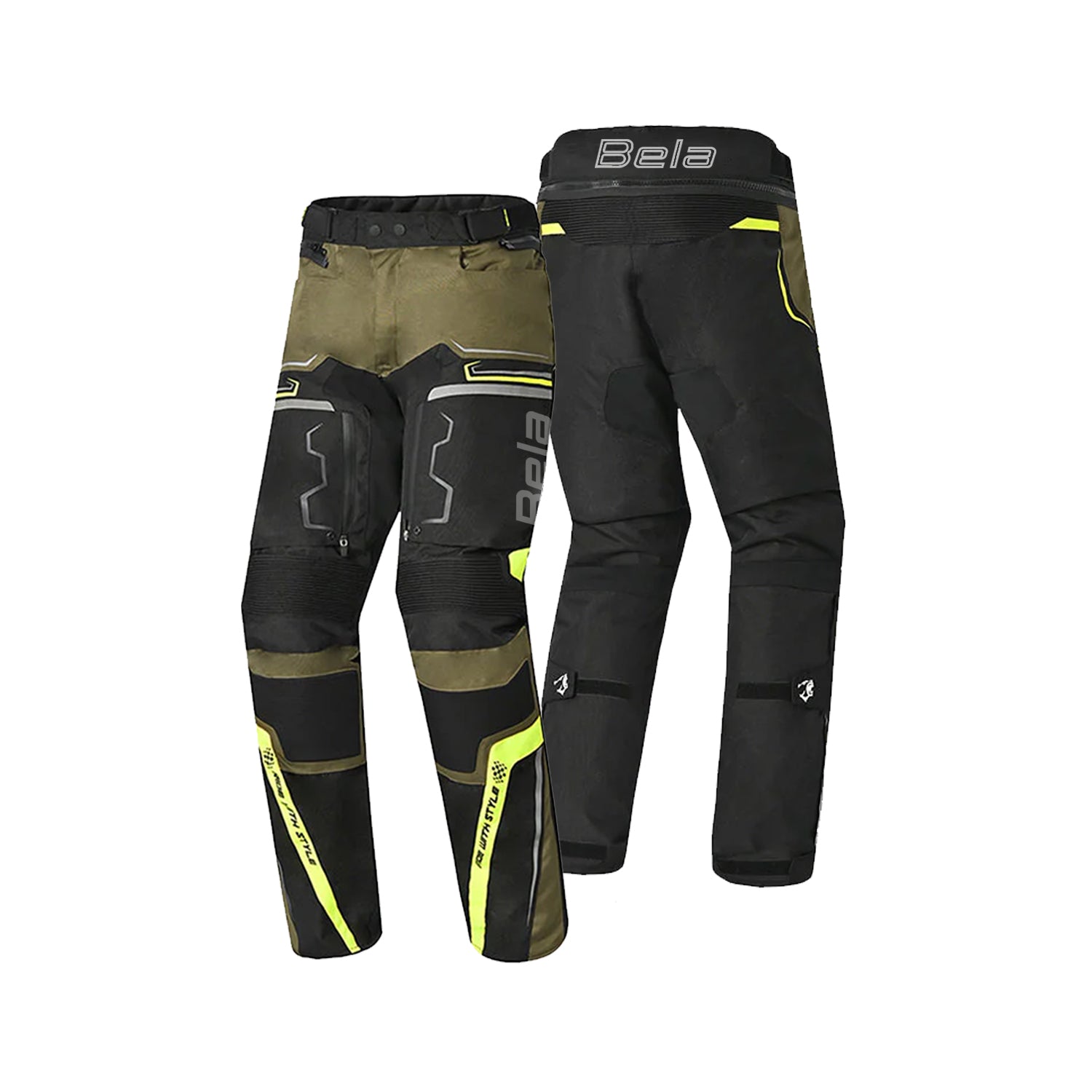 BELA WATSON MEN MOTORCYCLE TEXTILE PANT  BLACK KHAKI YELLOW WHITE