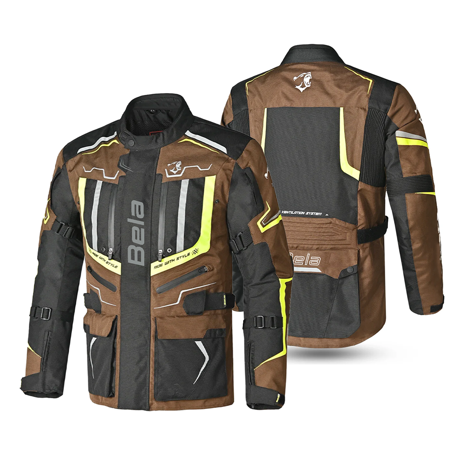 BELA WATSON Motorbike Textile Jacket Black/Khaki/Yellow/White