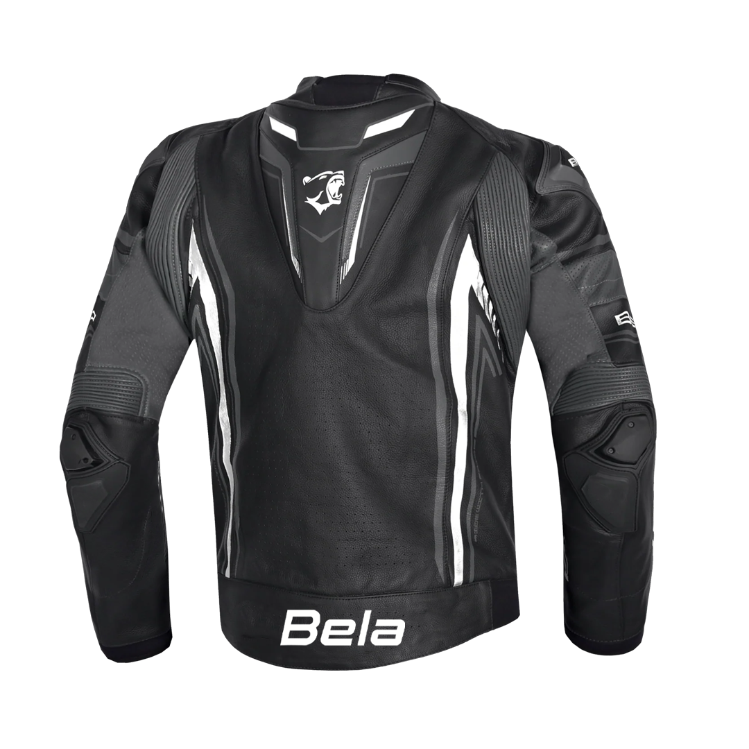 BELA BEAST MEN MOTORCYCLE LEATHER JACKET BLACK WHITE ANTHARACITE