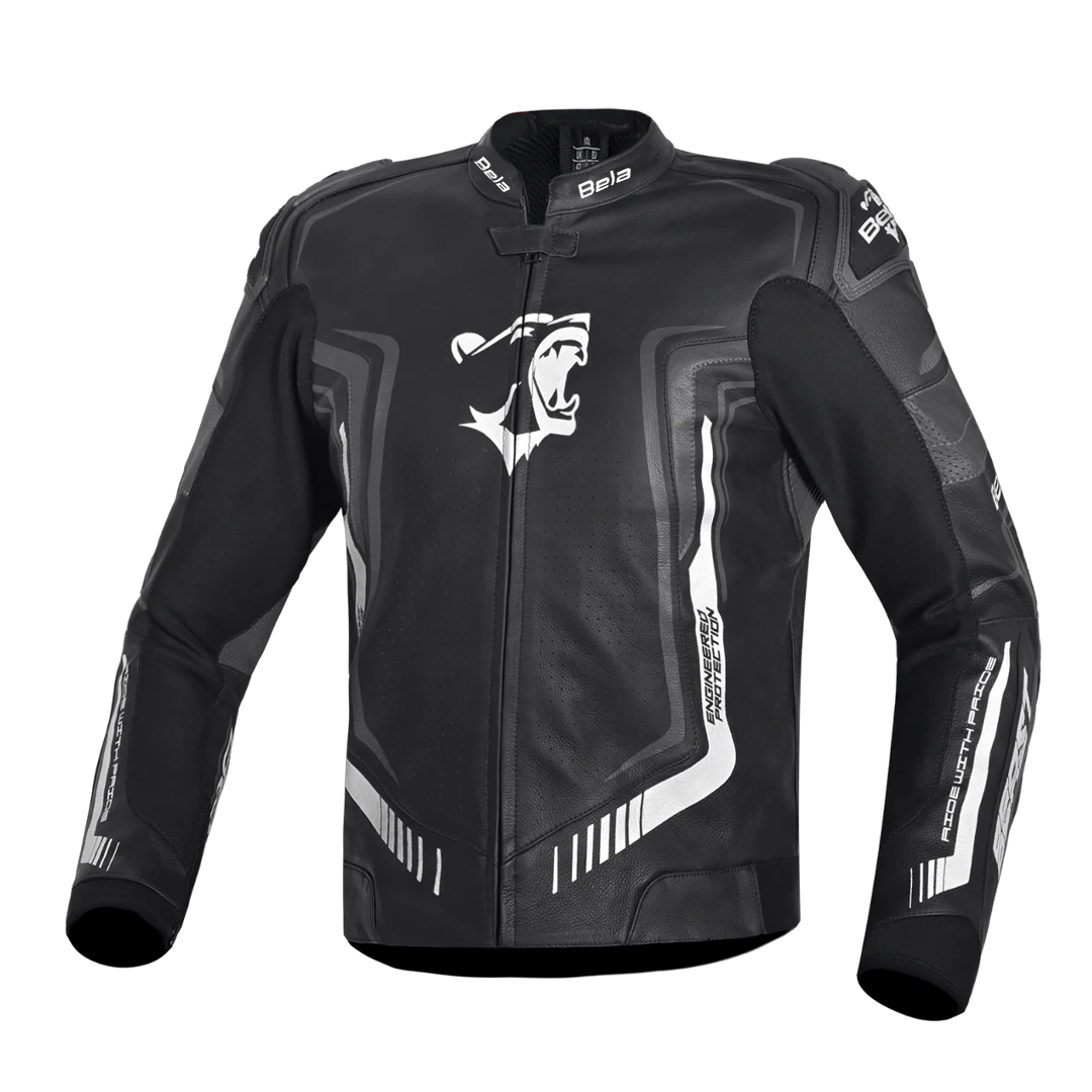 BELA BEAST MEN MOTORCYCLE LEATHER JACKET BLACK WHITE ANTHARACITE