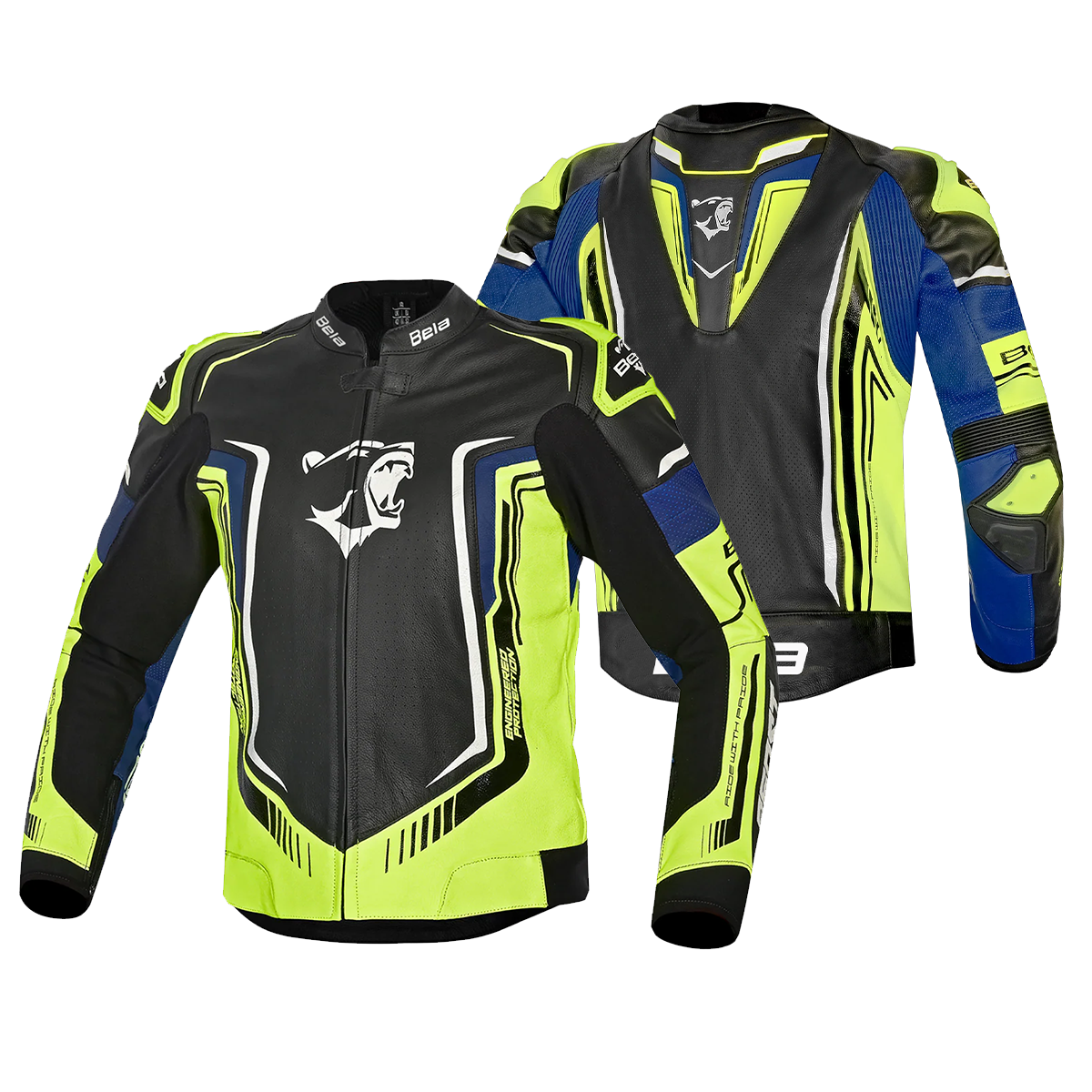 BELA BEAST MEN MOTORCYCLE LEATHER JACKET BLACK WHITE YELLOW BLUE