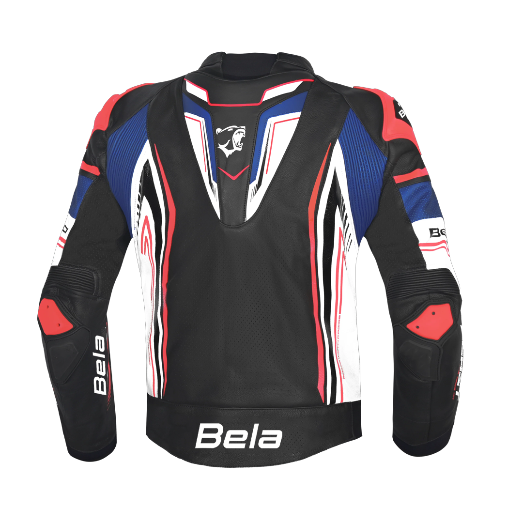 BELA BEAST MEN MOTORCYCLE LEATHER JACKET BLACK WHITE BLUE RED
