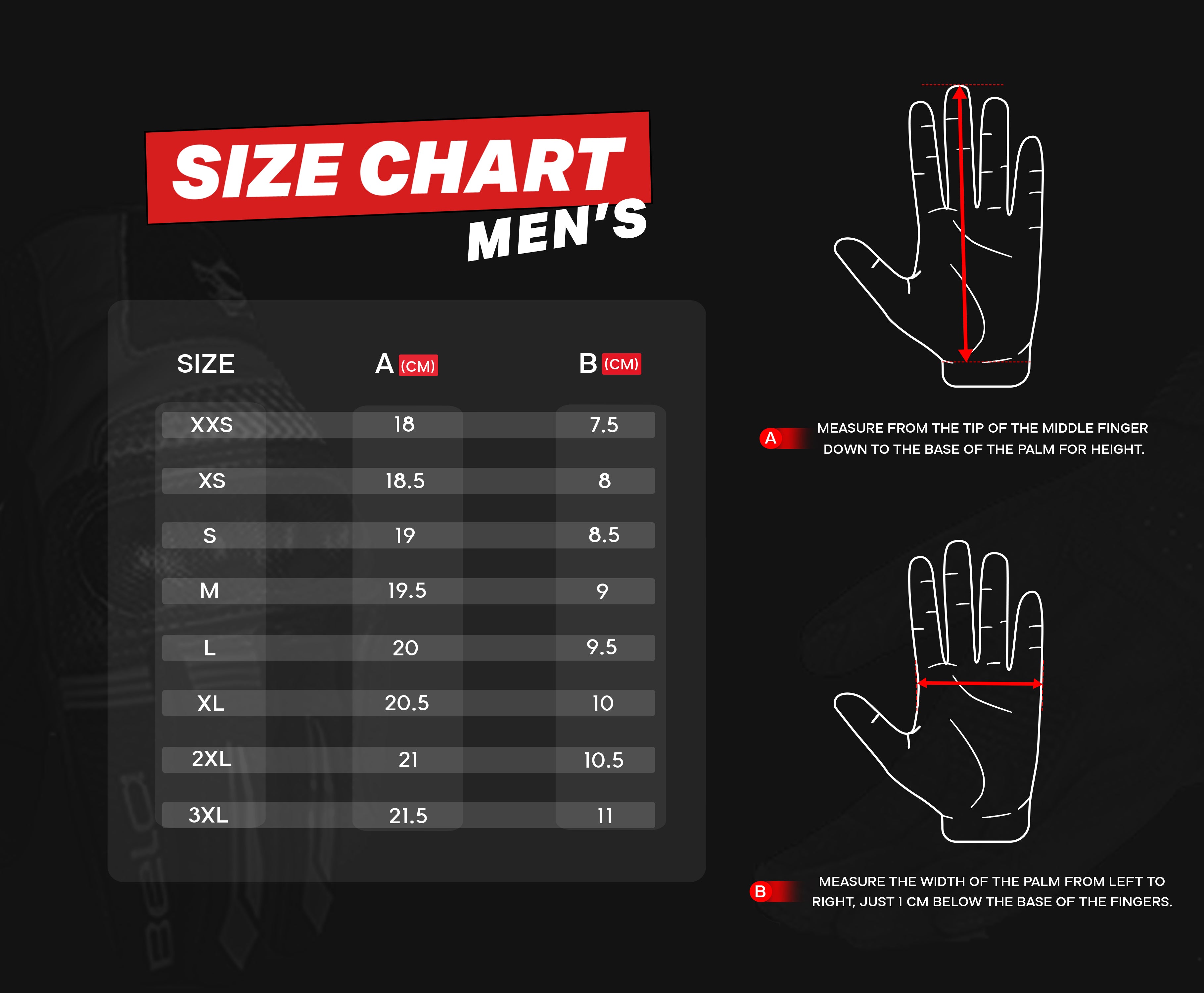 Men's size chart for gloves with hand illustrations on a black background
