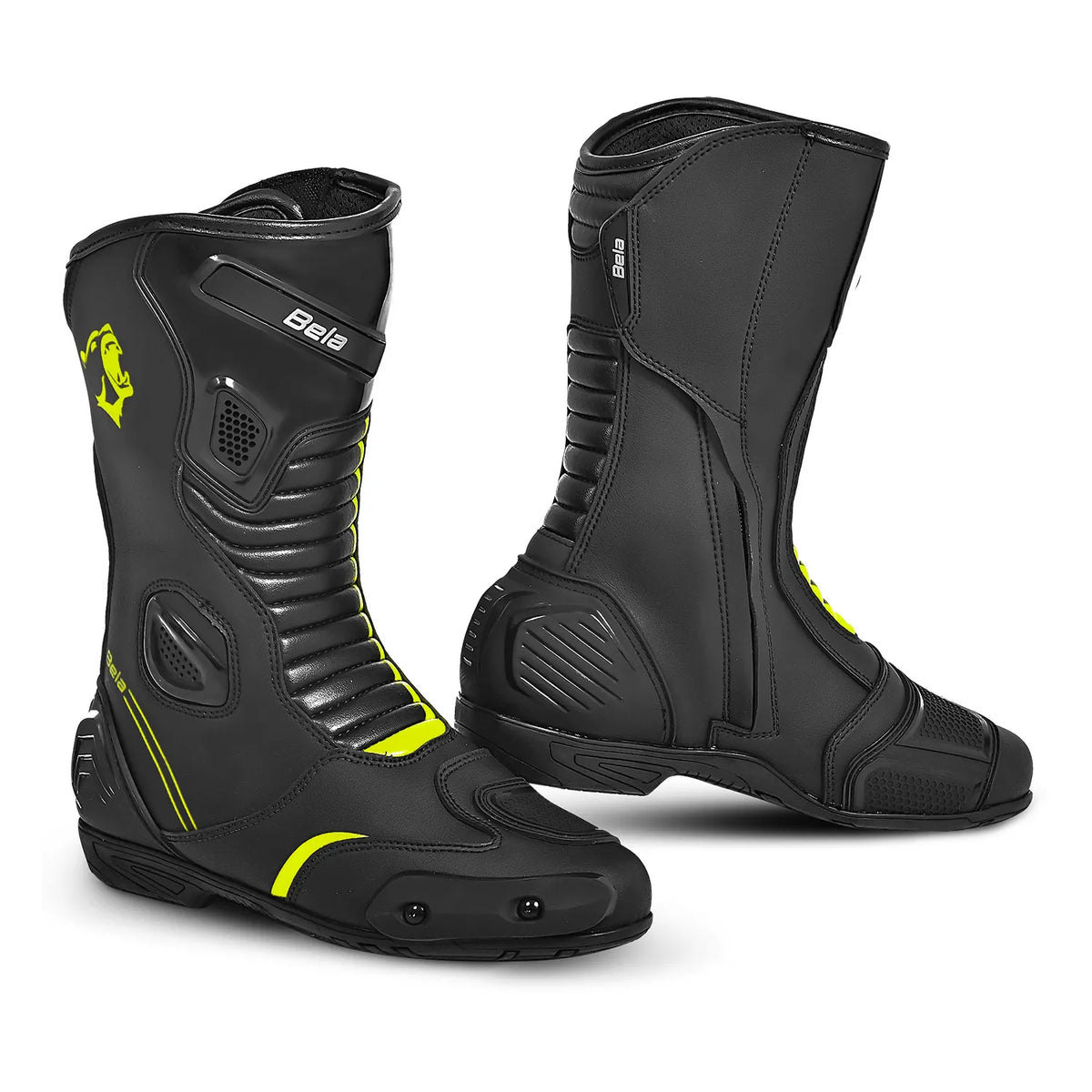 BELA STRIP MOTORCYCLE RACING LEATHER BOOTS BLACK YELLOW FLURO