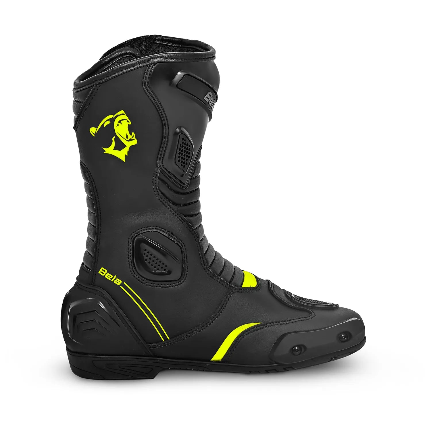 BELA STRIP MOTORCYCLE RACING LEATHER BOOTS BLACK YELLOW FLURO