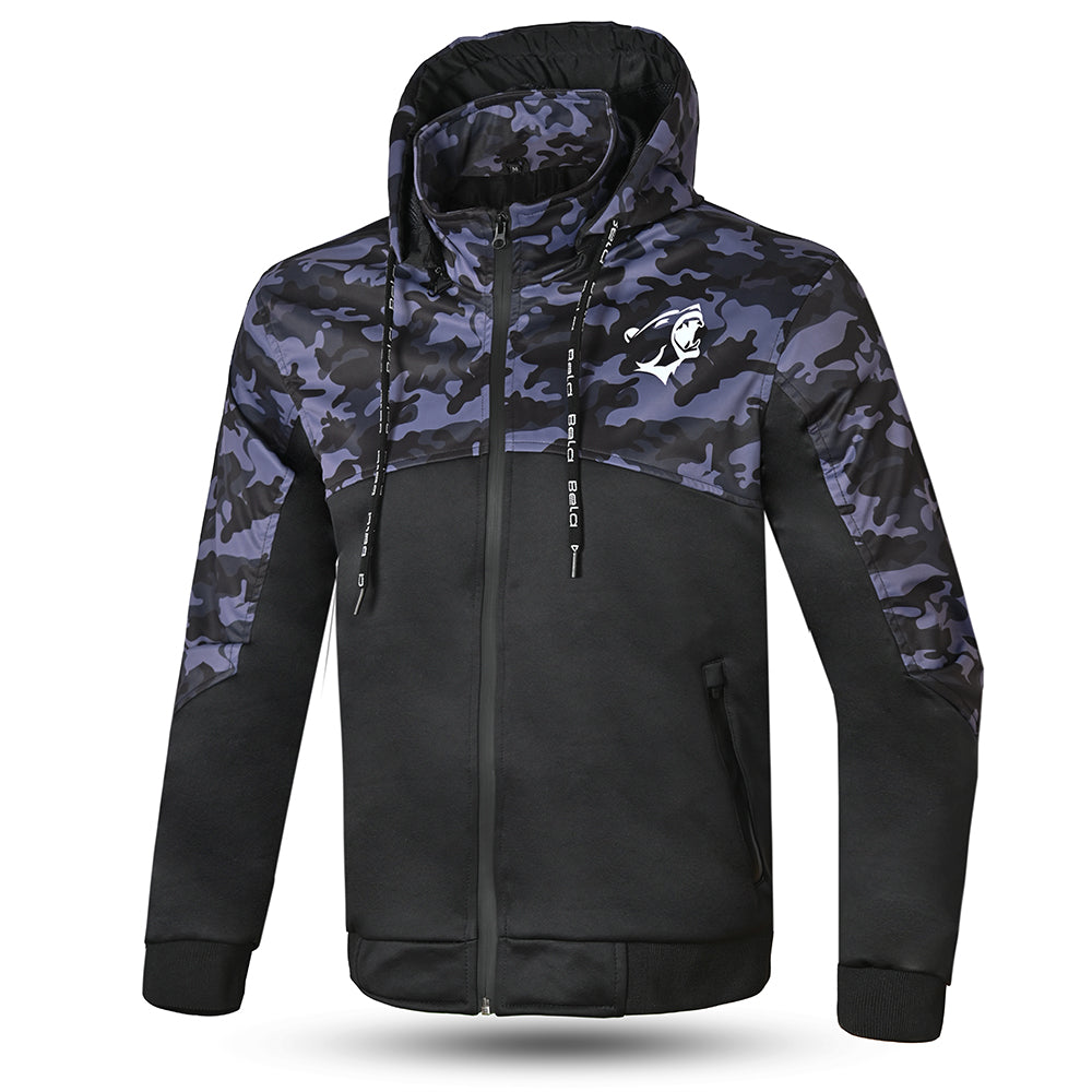 bela camo rush hoodie black, dark and blue front side view